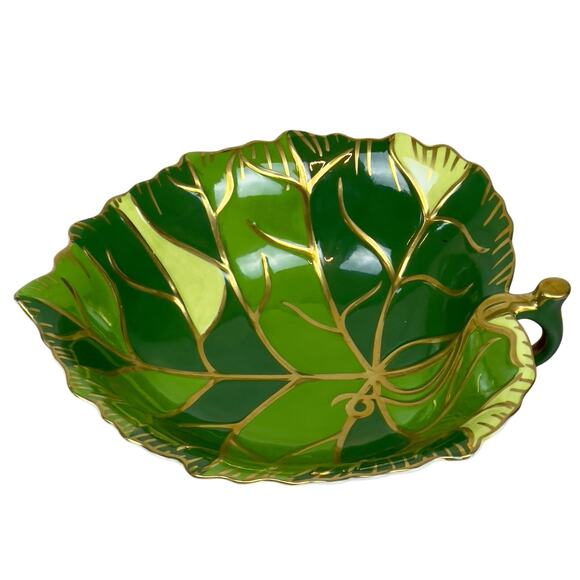 Lynn Chase Jaguar Jungle Green Leaf Gold Trim Candy Dish Bowl 2004 Porcelain - Picture 1 of 7